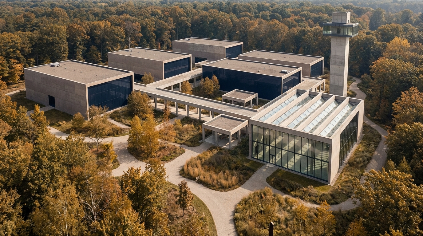 Aerial view of the Science Fiction World campus: concrete pavilions connected by walkways, surrounded by mature trees in autumn light, observatory tower rising above.