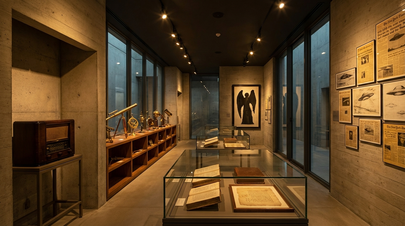 First Contact gallery: a period radio in an alcove, a winged silhouette mounted on the far wall, glass cases with open novels, newspaper clippings and UFO sketches on the right.