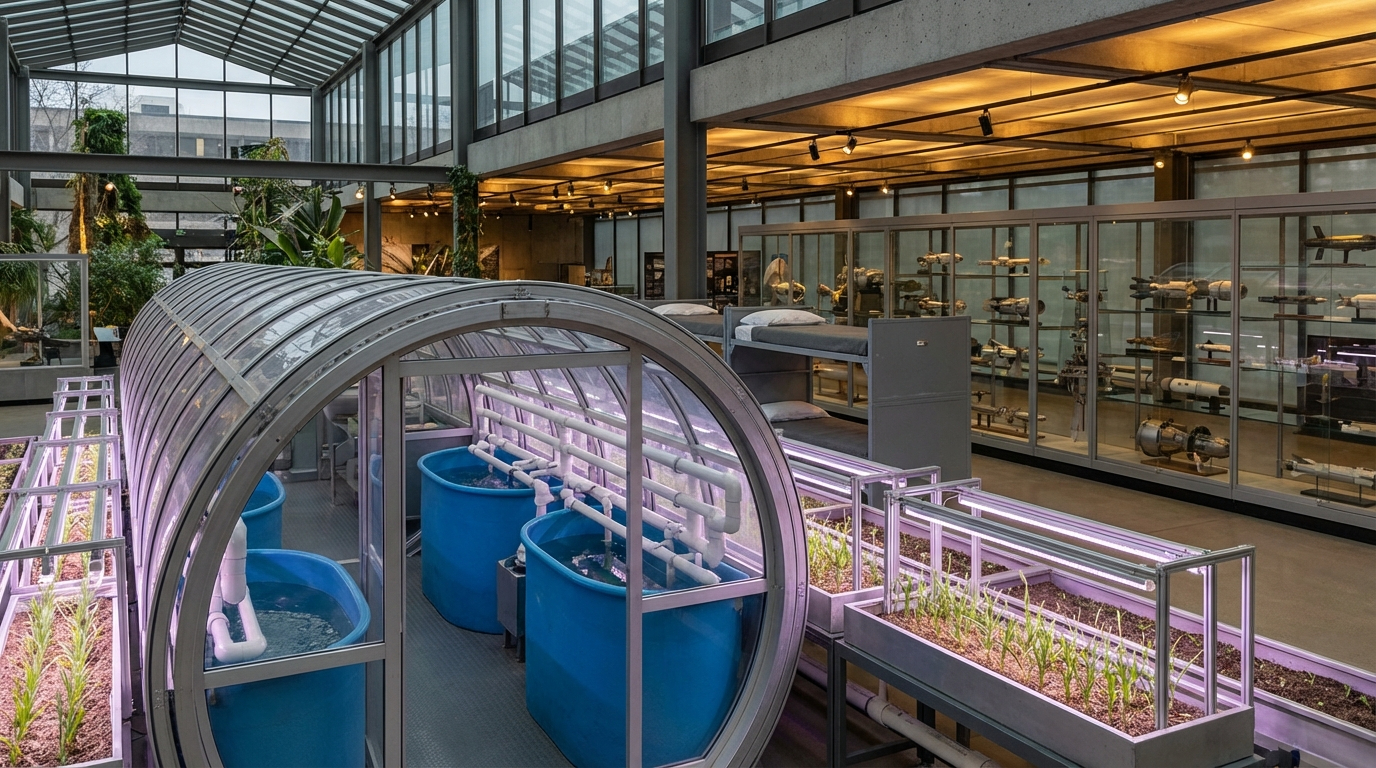 Generation Ships gallery: a cylindrical walk-through habitat module with blue water tanks, agricultural beds with seedlings under grow lights, glass cases with ship models beyond.