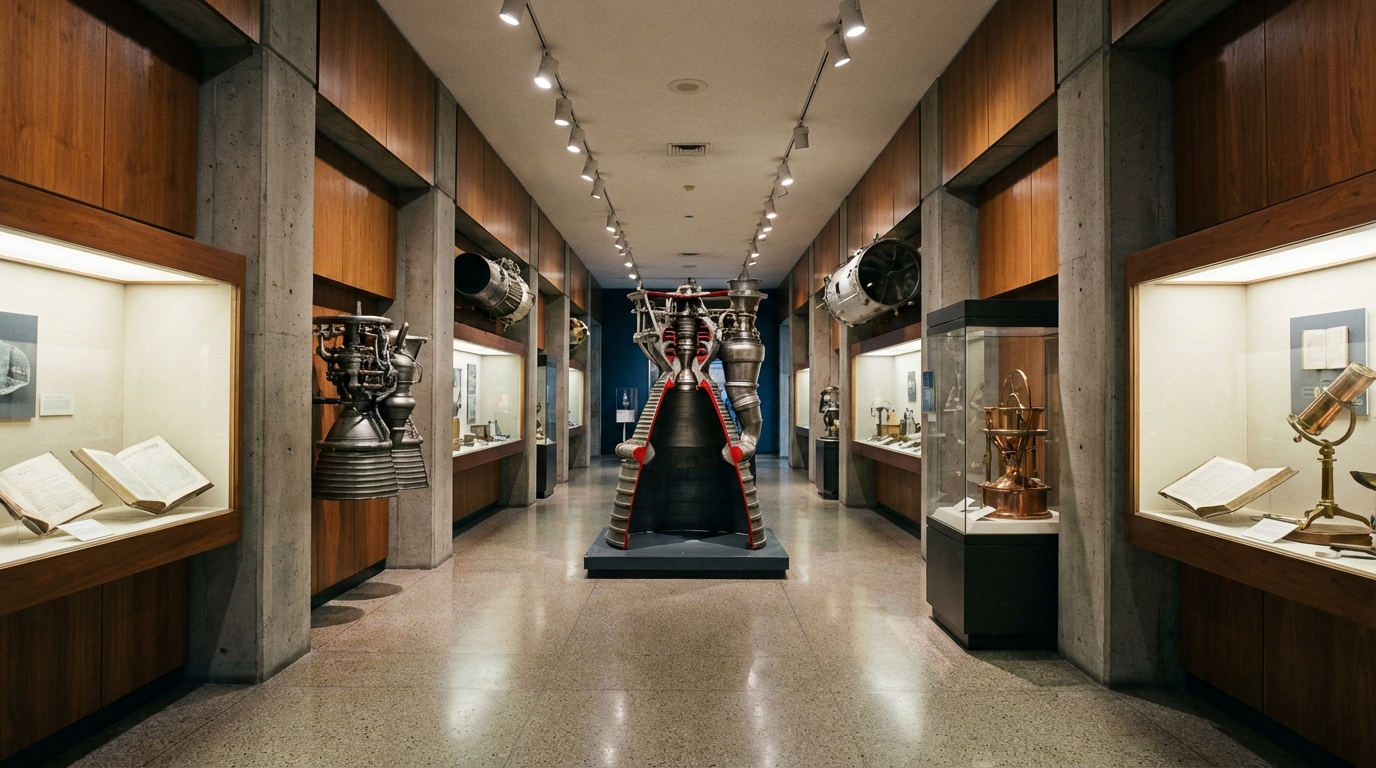The Propulsion Gallery: a cutaway rocket engine at the center of a long corridor, glass cases with open books and brass instruments on either side.