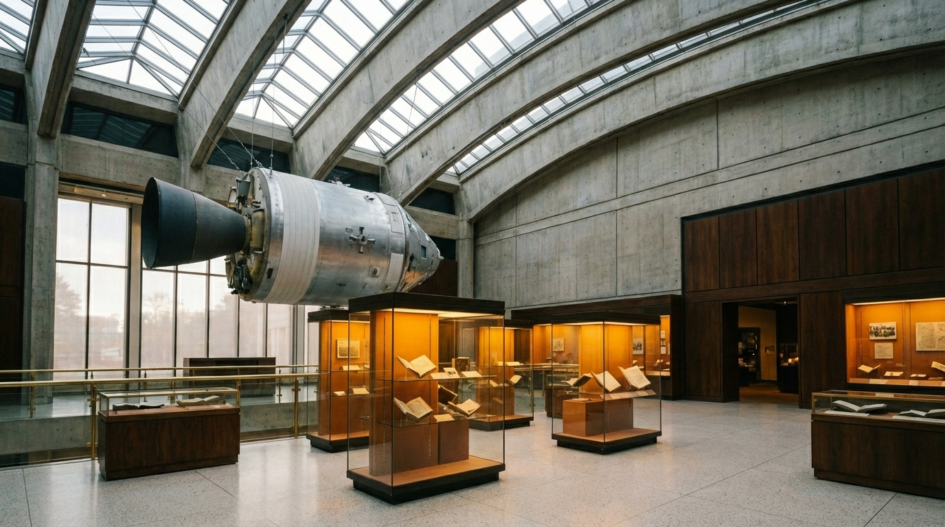 The Space Age gallery: spacecraft suspended from the vaulted glass ceiling, glass display cases with open books below, warm amber light on concrete and wood.