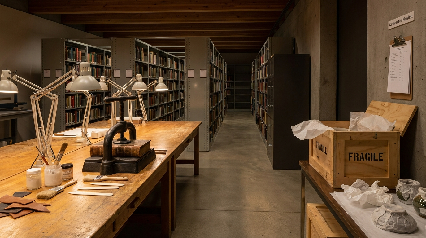 The Archive: a conservation bench with a book in a binding press, shelving rows receding into the background, a wooden crate stenciled FRAGILE on the intake table.