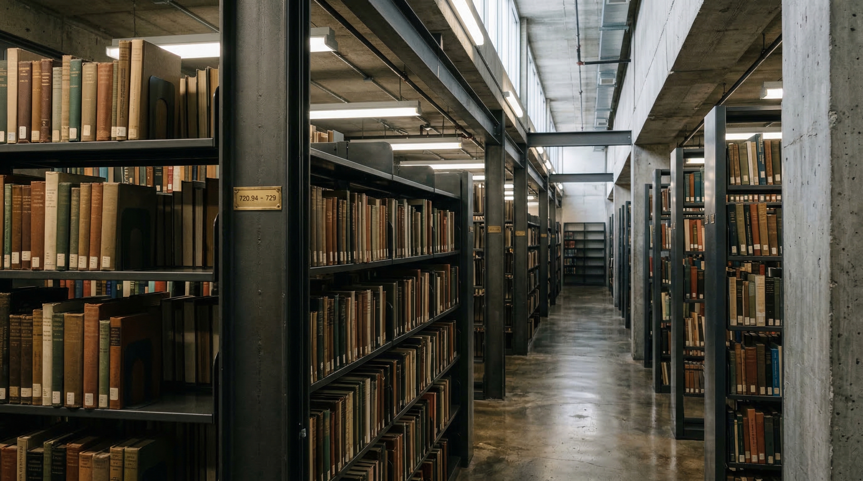 Steel library shelving in a concrete institutional building, hundreds of hardcover books with cloth and leather spines in muted earth tones, a brass catalog number plate on the shelf edge, clerestory light.