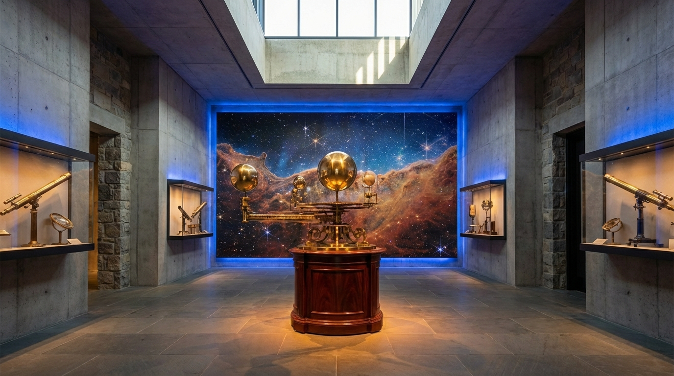 The Observatory: a brass orrery on a mahogany stand before a floor-to-ceiling deep-field photograph, telescopes in glass cases along the walls, light from the oculus above.