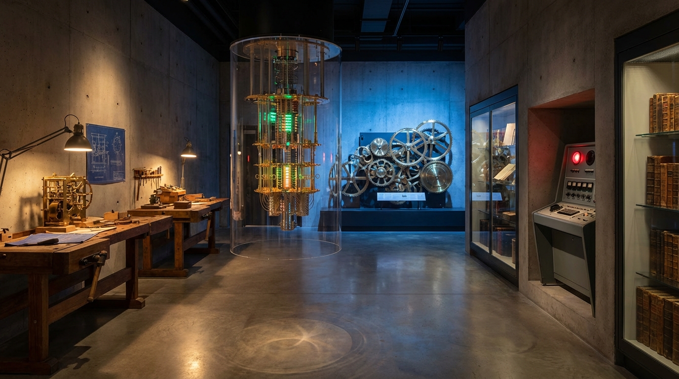 The Thinking Machine gallery: a positronic brain glowing green and amber in an acrylic column at center, brass Difference Engine gears behind glass, a red HAL 9000 lens in an alcove.