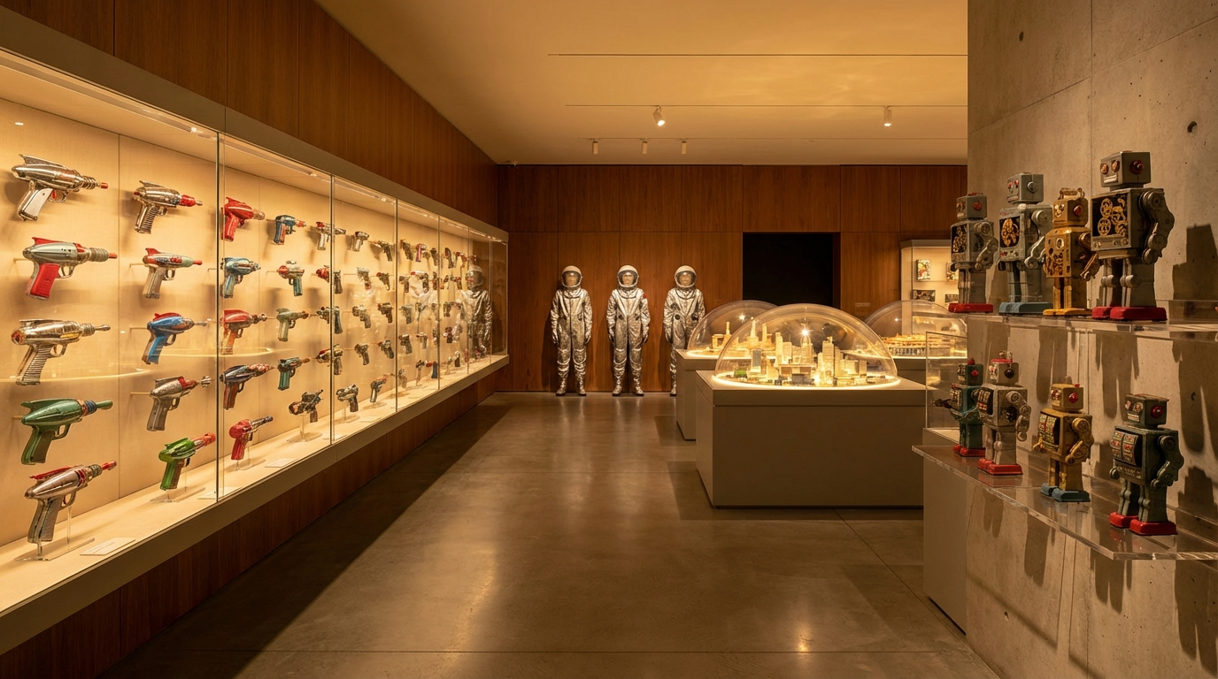 Worlds of Tomorrow gallery: a curved glass case of ray guns along the north wall, silver spacesuits on mannequins, tin robots on acrylic stands, a domed city model under glass.